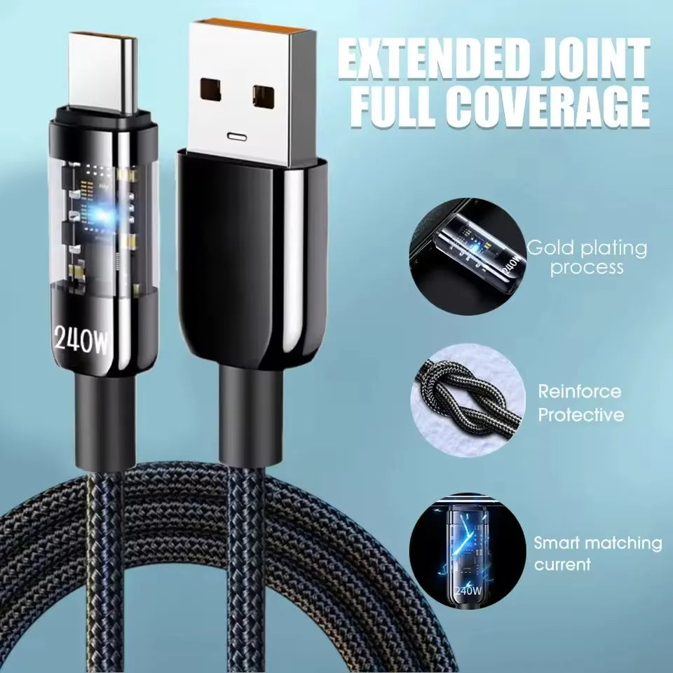 240W Nylon USB Type C Super Fast Charging Cable For Samsung Xiaomi Huawei Honor LED Digital Display USB C Charger Data Cord