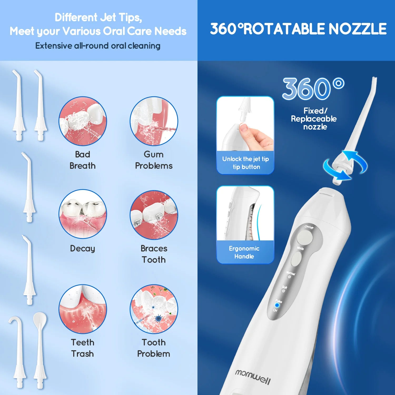 D52 Portable Cordless Water Flosser USB Rechargeable Water Jet Floss Tooth Pick 6 Jet Tip 300ml 3 Modes Teeth Clean for Travel